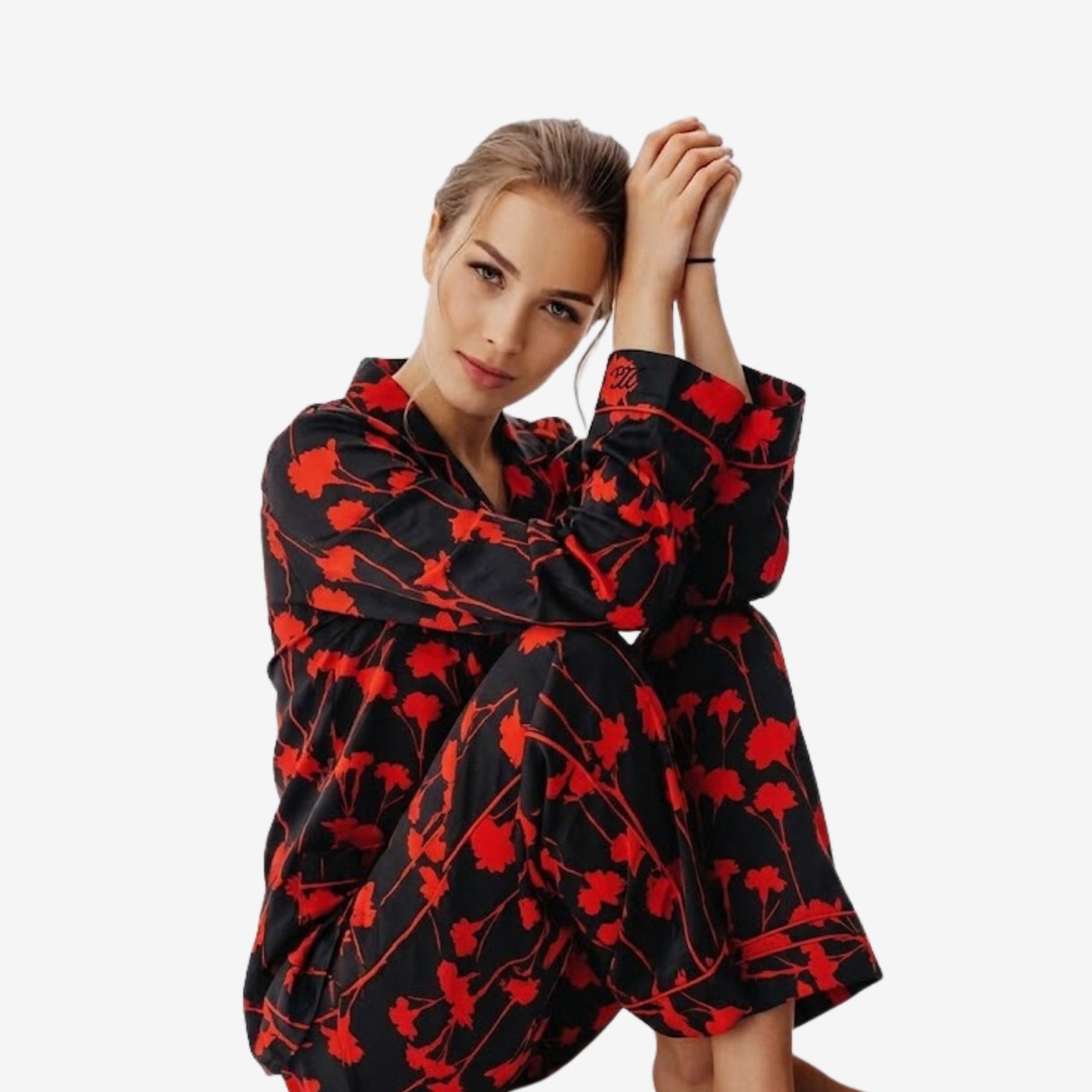 Floral Red 2-Piece Linen Night Suit – Free Size