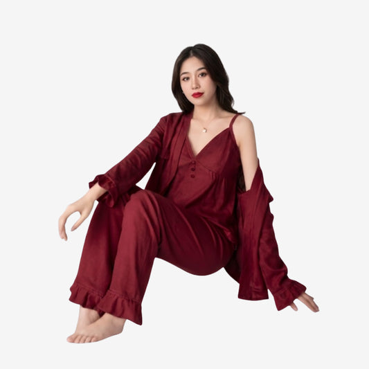 3-Piece Silk Full-Length Nightwear Set – Free Size