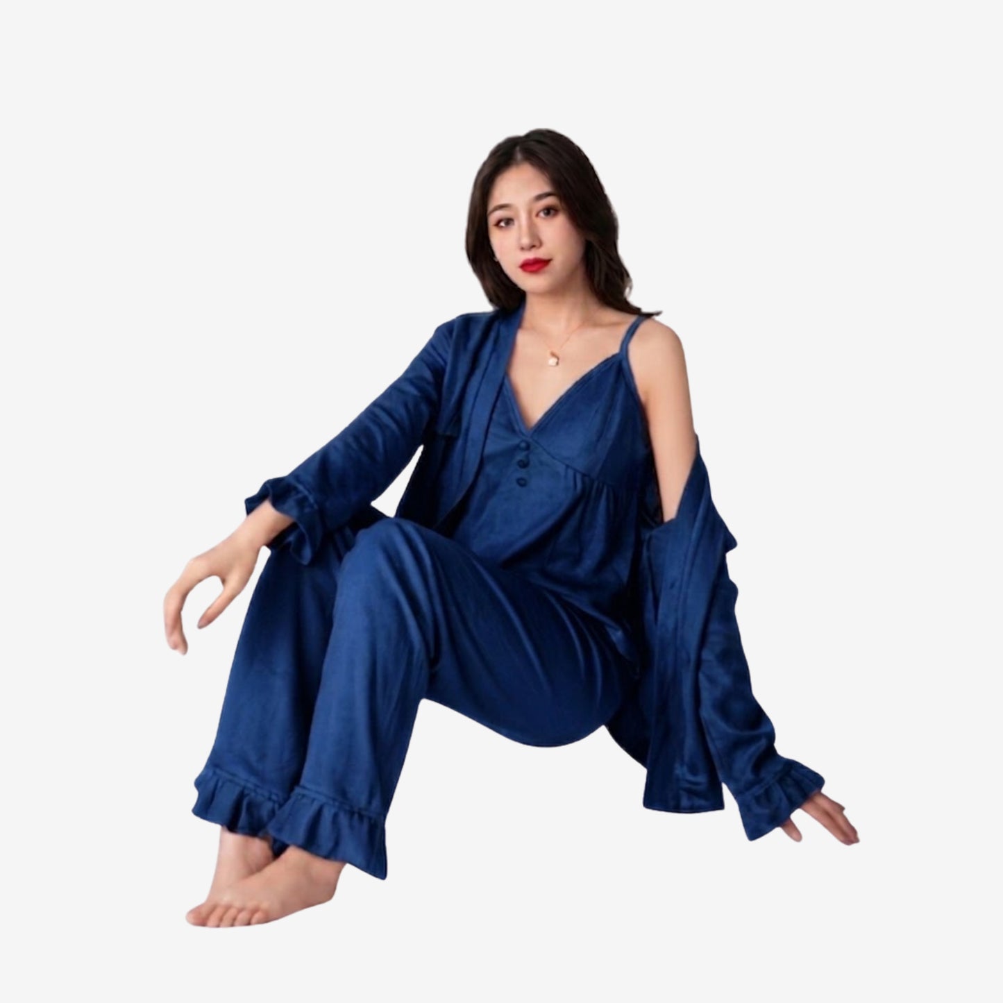 3-Piece Silk Full-Length Nightwear Set – Free Size