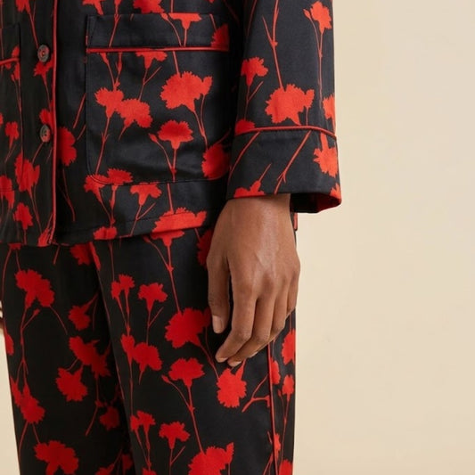 Floral Red 2-Piece Linen Night Suit – Free Size
