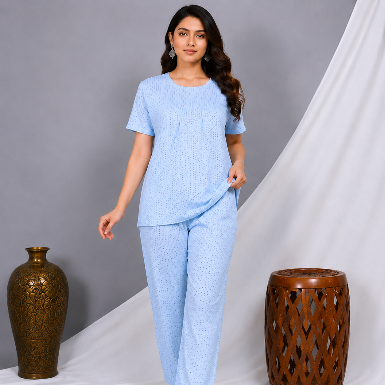 Dot Printed Frock Style Night Suit-Sky Blue