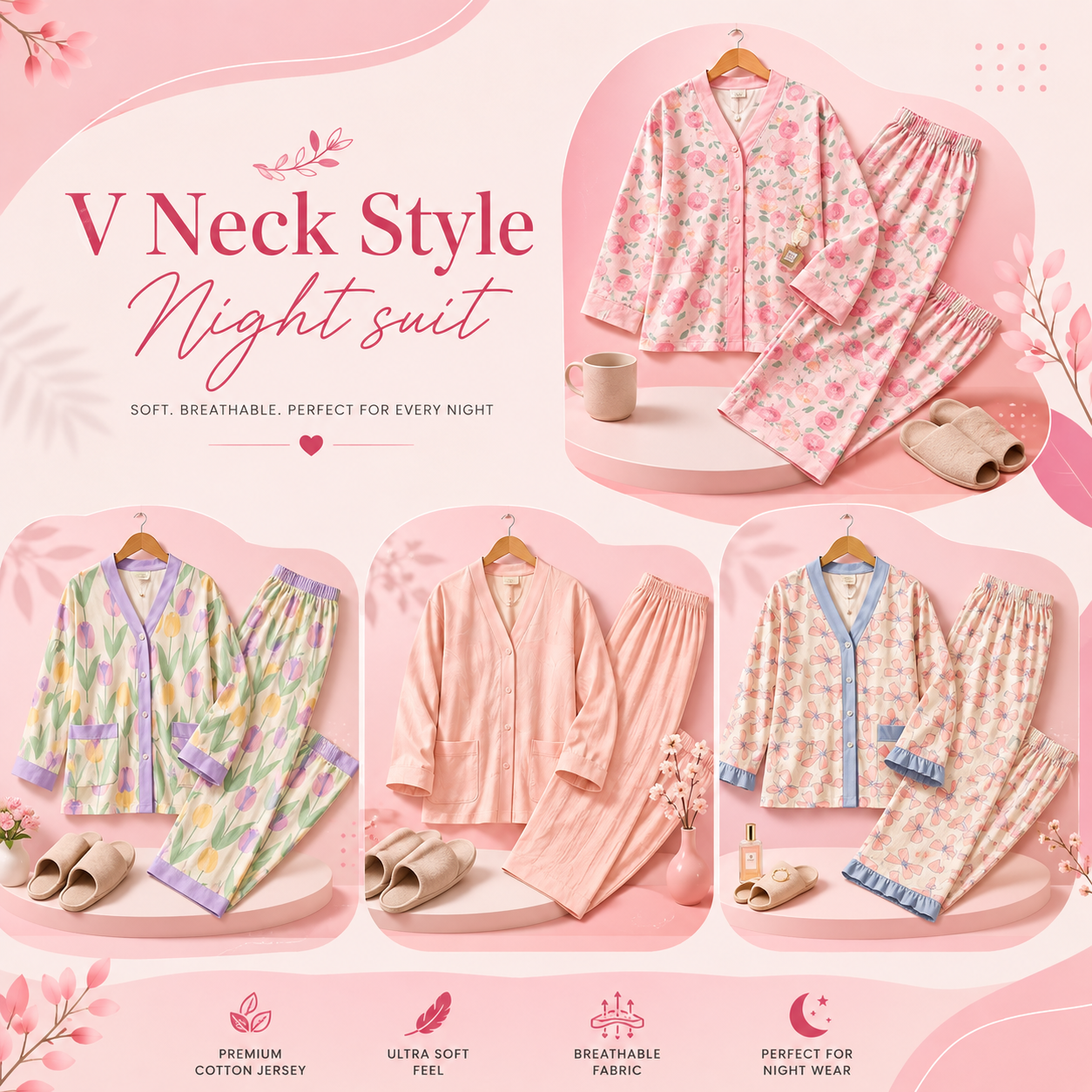 V Neck Style Night Suits