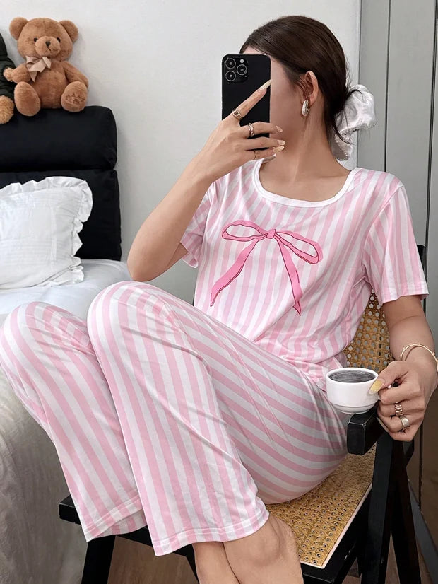 Baby Pink Ribbon Printed Night Suit