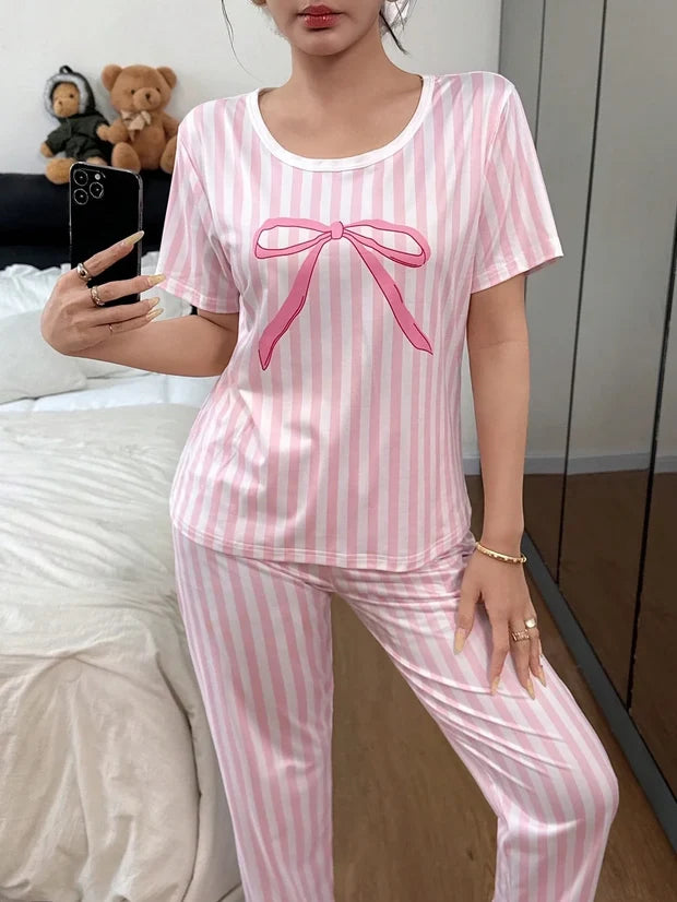 Baby Pink Ribbon Printed Night Suit