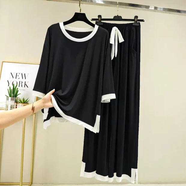 Black White Round Neck Plazo Night Suit