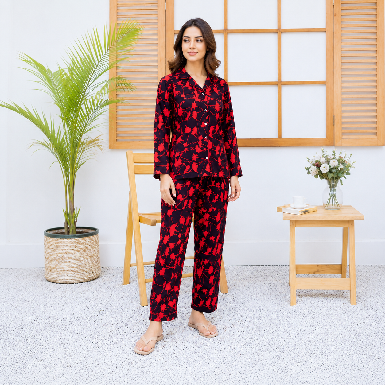 Imported Linen Floral Red Flower 2-Piece Linen PJ Set