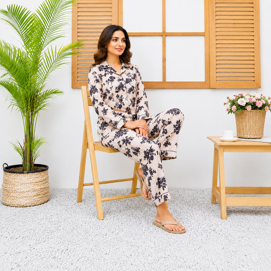 Imported Linen Floral Black Flower 2-Piece Linen PJ Set