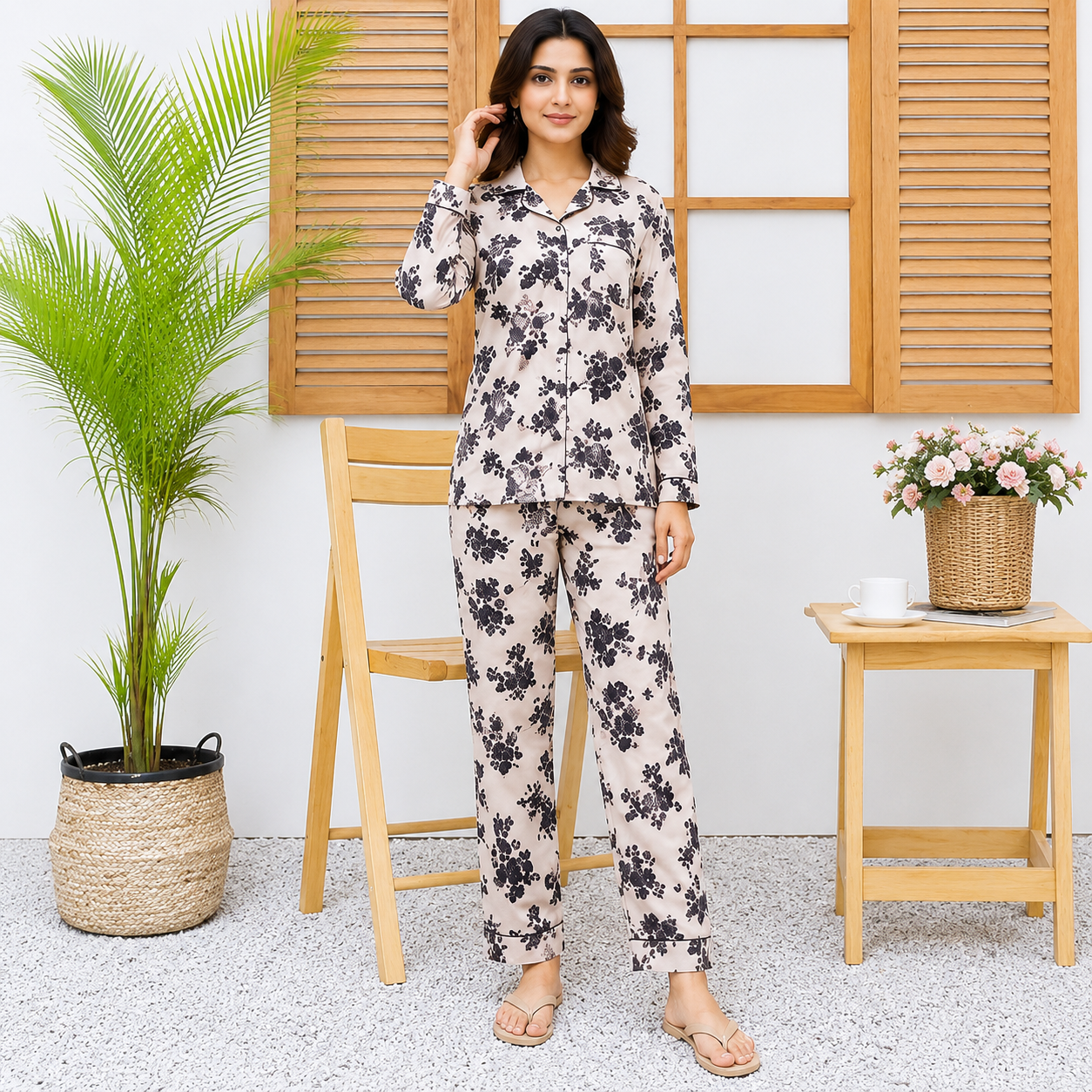 Imported Linen Floral Black Flower 2-Piece Linen PJ Set