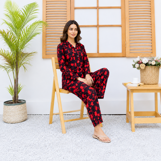 Imported Linen Floral Red Flower 2-Piece Linen PJ Set