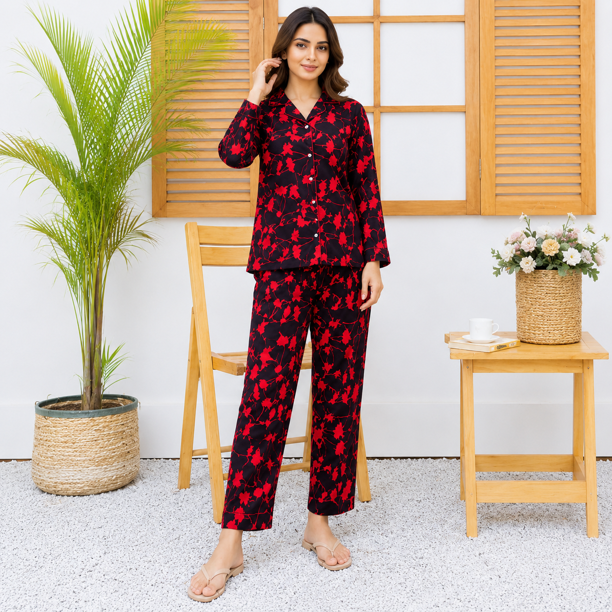 Imported Linen Floral Red Flower 2-Piece Linen PJ Set