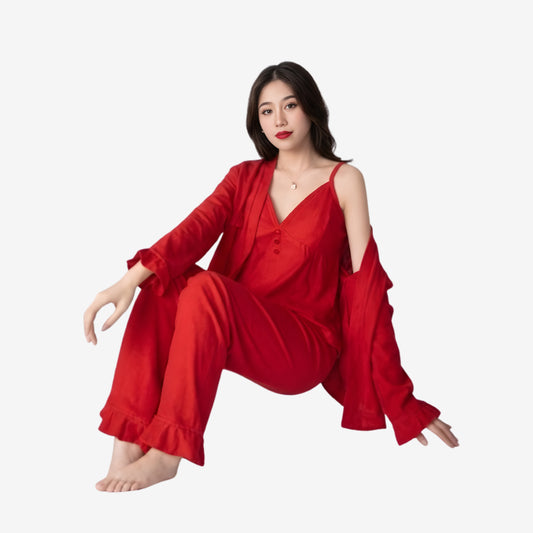 3-Piece Silk Full-Length Nightwear Set – Free Size