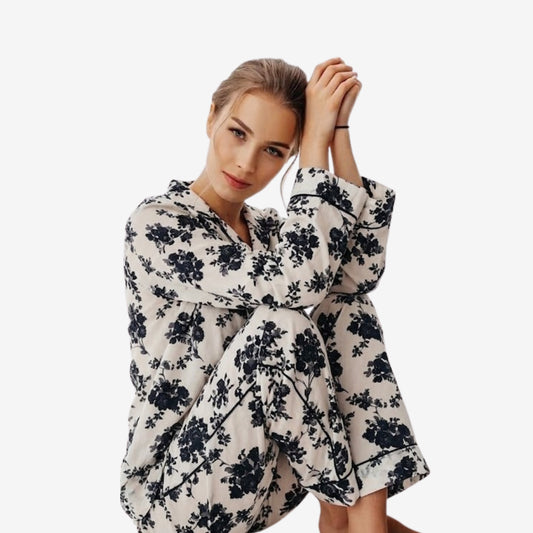 Floral Black 2-Piece Linen Night Suit – Free Size