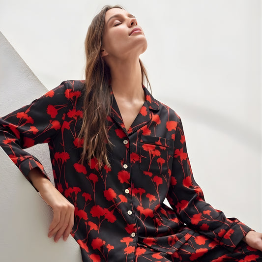 Floral Red 2-Piece Linen Night Suit – Free Size