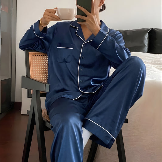 2-Piece Silk Button-Down Night Suit – Free Size