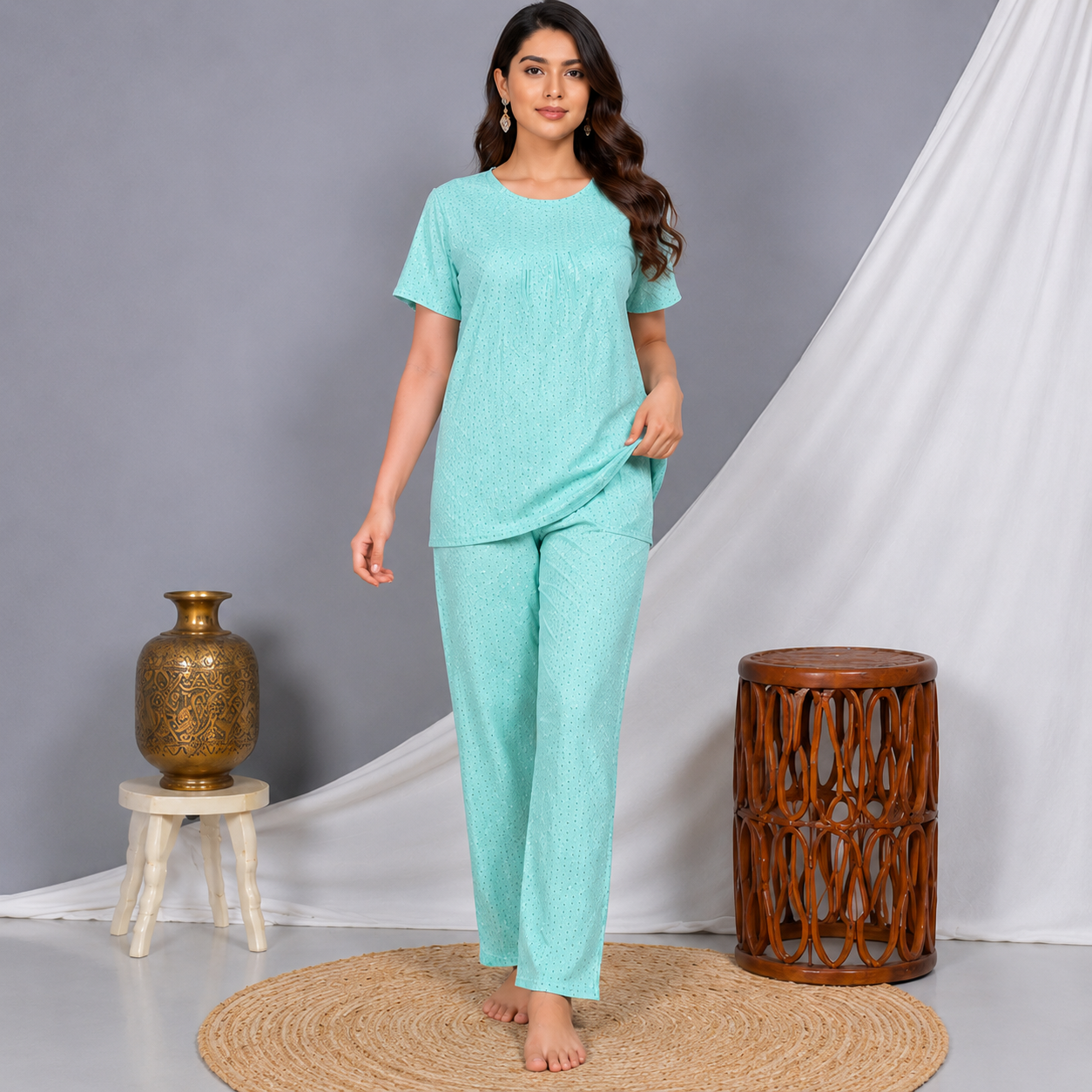 Dot Printed Frock Style Night Suit-Sea Green