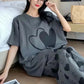 Grey Double Heart Half Sleeve Printed Night Suits