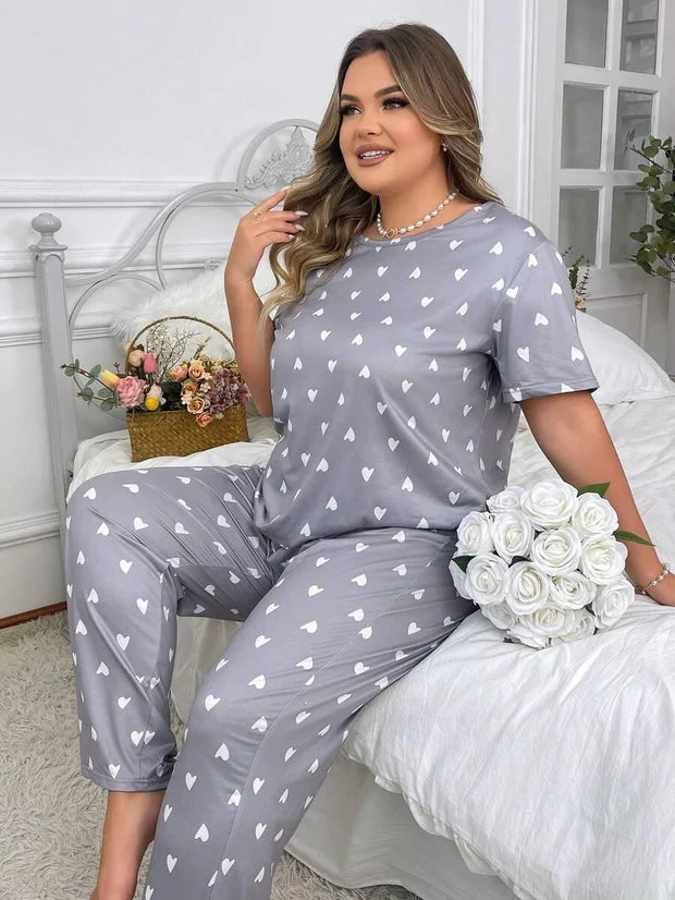 Grey With White Heart Printed Night Suit