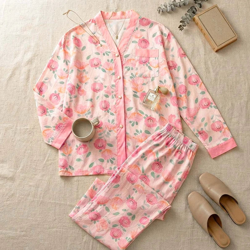 Pink Rose V-Neck Button Printed Night Suit