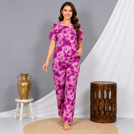 Purple Flower Printed Night Suit
