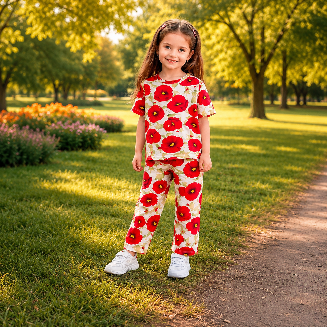 Red Flower Kids Night Suit