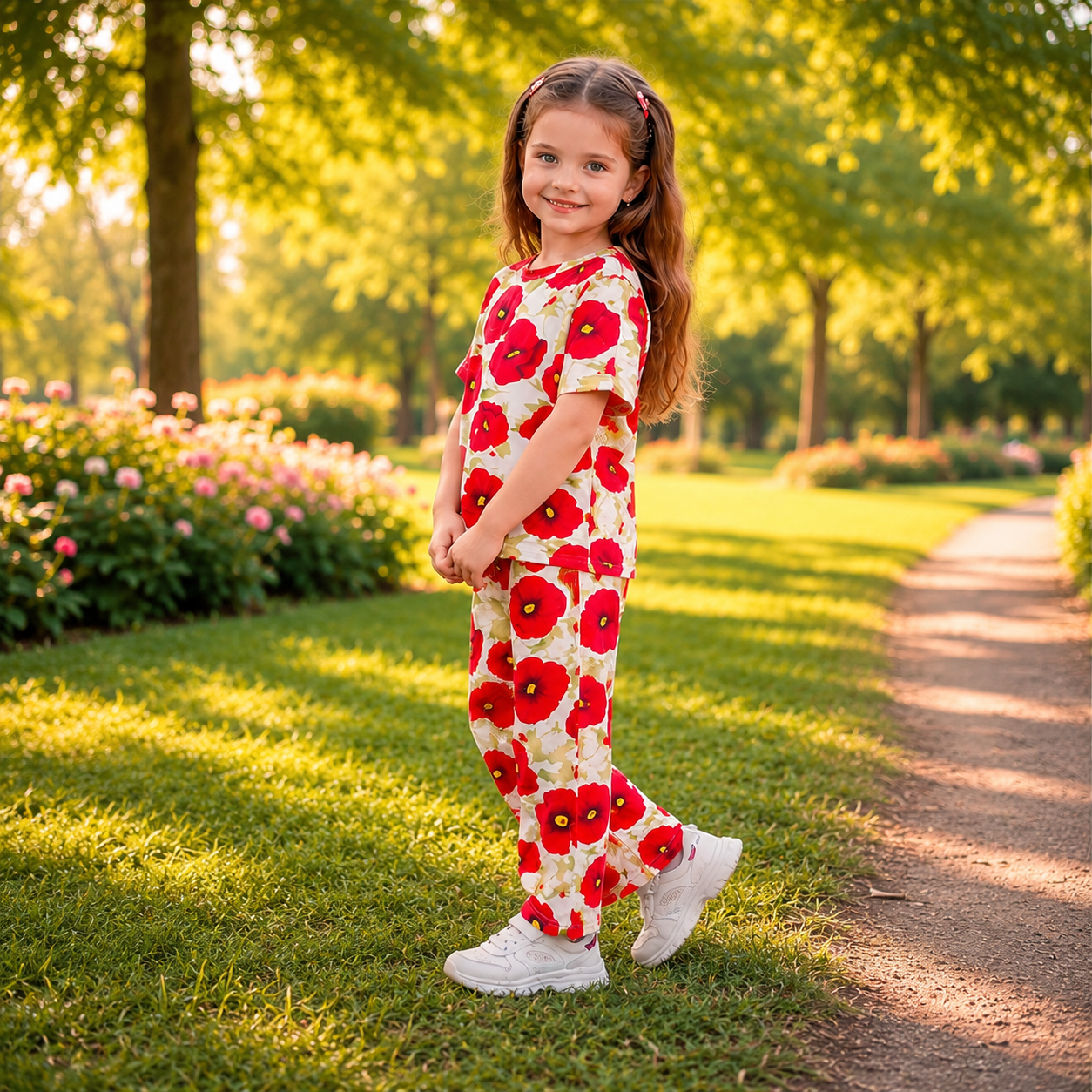 Red Flower Kids Night Suit