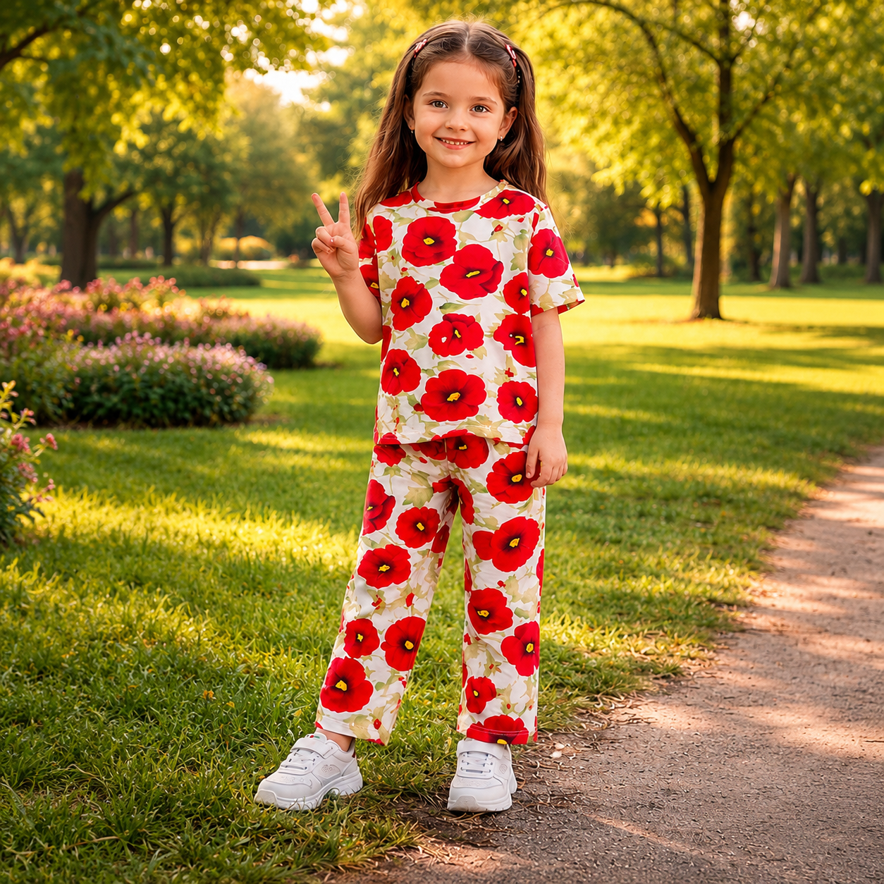 Red Flower Kids Night Suit