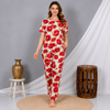 Red Flower Printed Frock Style Night Suit