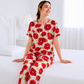 Red Flower Printed Frock Style Night Suit